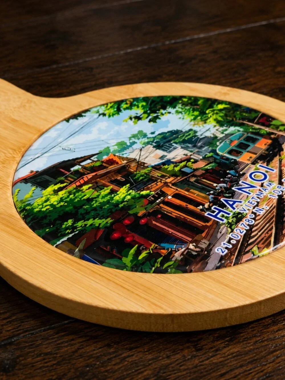 Hand-Painted Hanoi Vietnam Street Train Bamboo Serving Board Paddle, Embossed